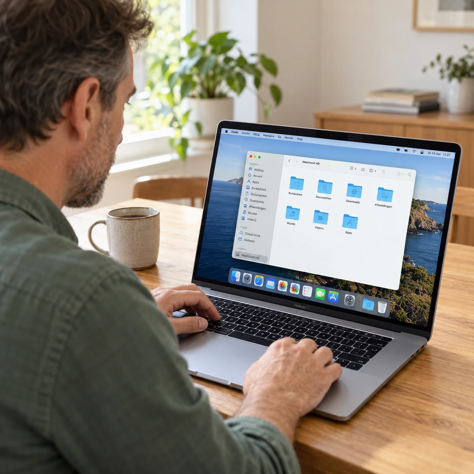 Thuis op een MacBook werken met Finder, mappen en het Dock op het scherm